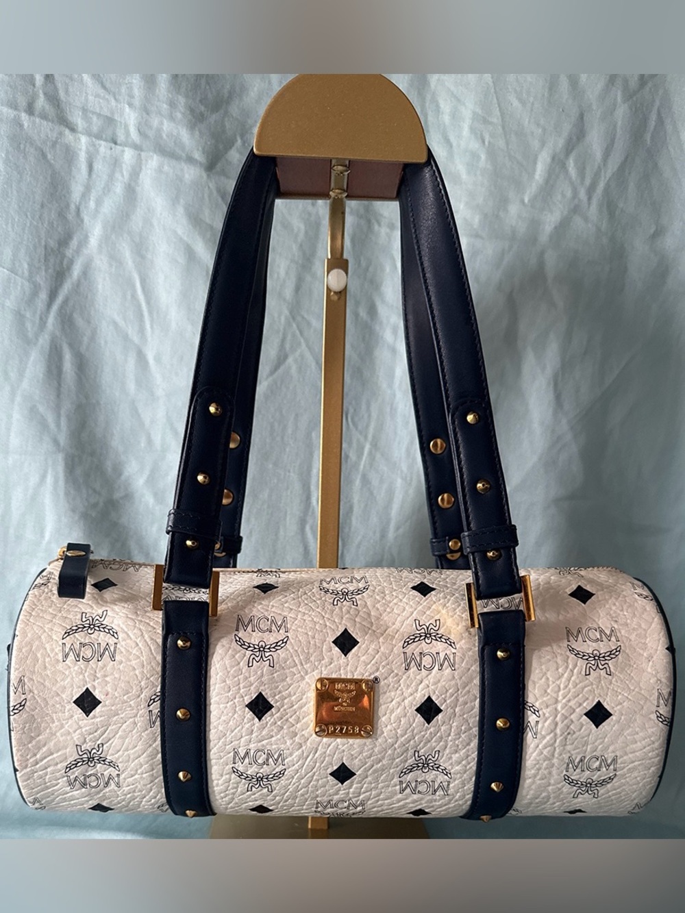 MCM White & Navy Visetos Logo Barrel Bag with Navy Straps & Gold Tone Hardware
